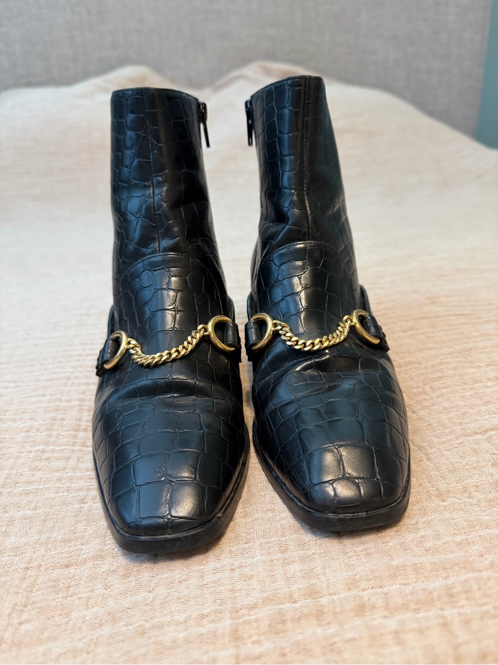 STELLA MCCARTNEY Black Croc-Embossed Leather Ankle Boots w/ Gold Chain Detail - Picture 6 of 8